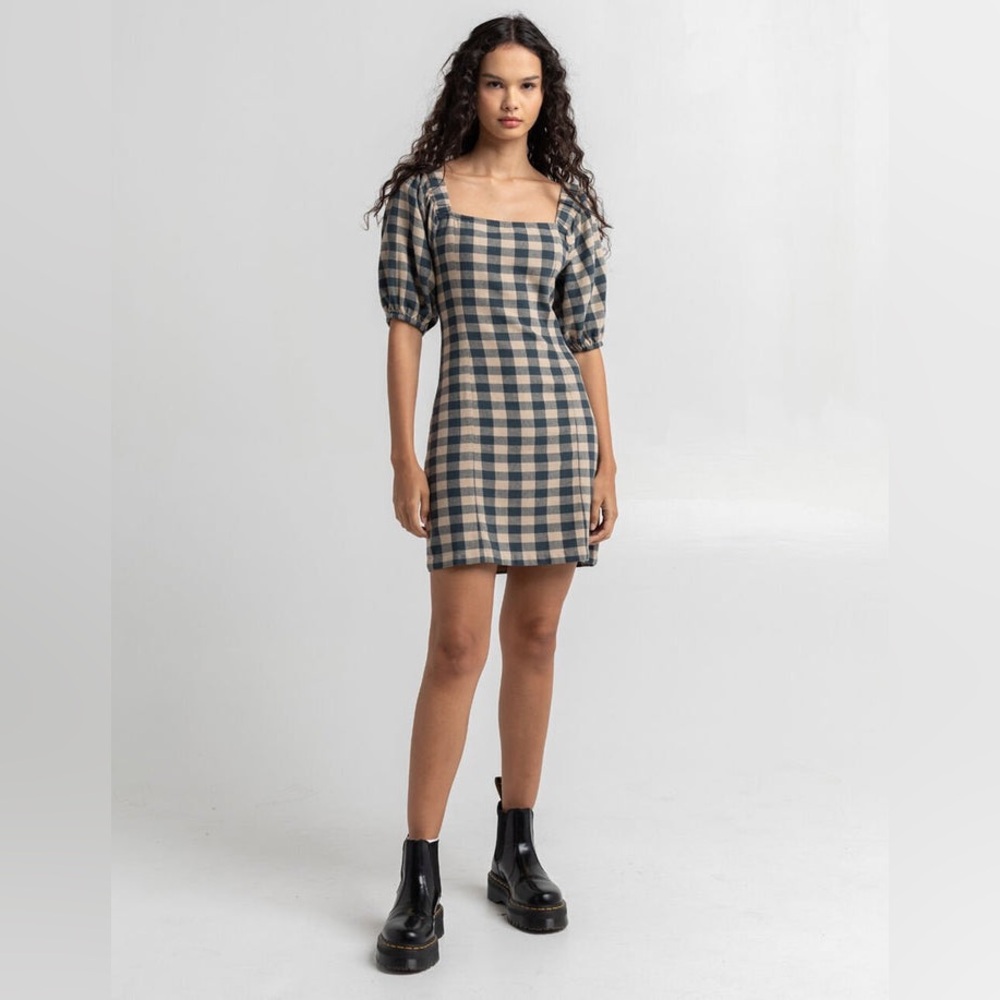O’Neill Abbie Cotton Blue Tan Flannel Puff Sleeve Mini Dress Size Large